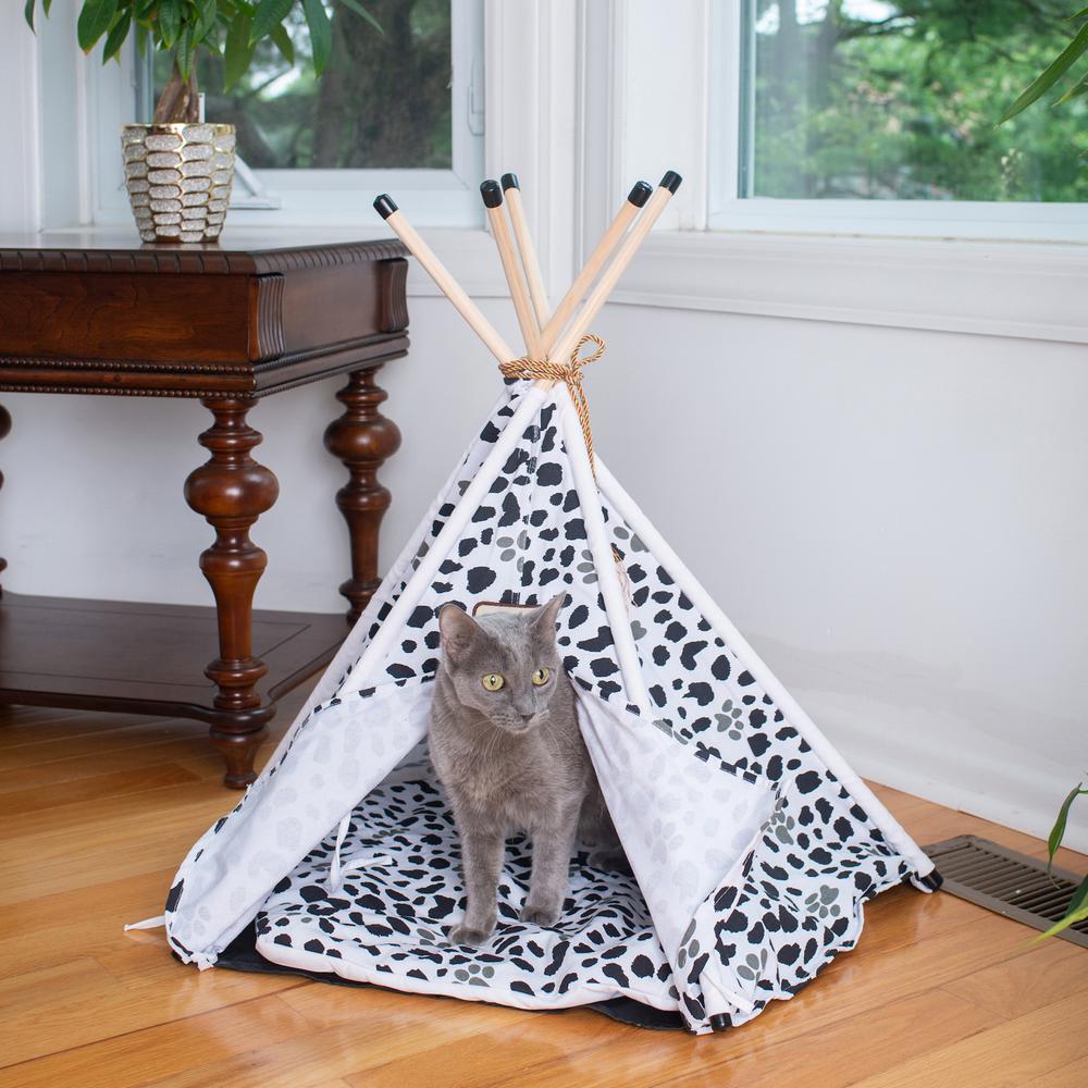 Cat Bed Teepee Style, White W/Black Paw Print