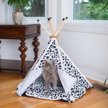 Cat Bed Teepee Style, White W/Black Paw Print