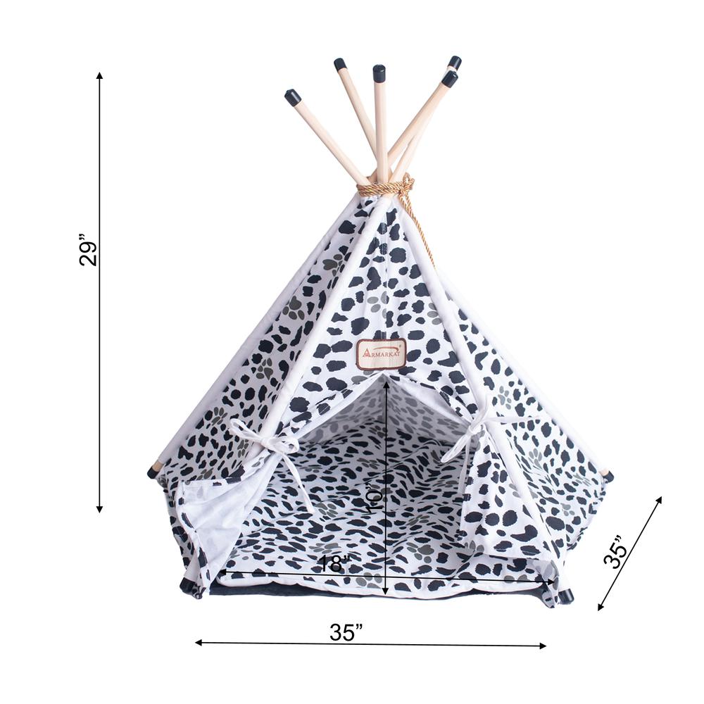 Cat Bed Teepee Style, White W/Black Paw Print