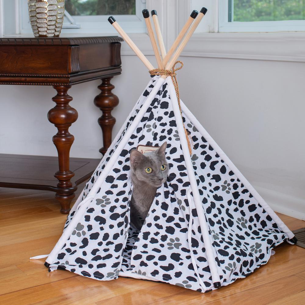 Cat Bed Teepee Style, White W/Black Paw Print