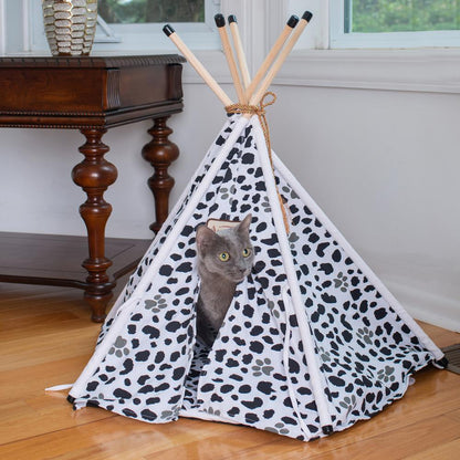 Cat Bed Teepee Style, White W/Black Paw Print