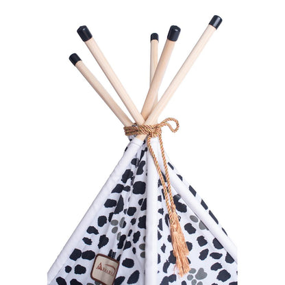 Cat Bed Teepee Style, White W/Black Paw Print