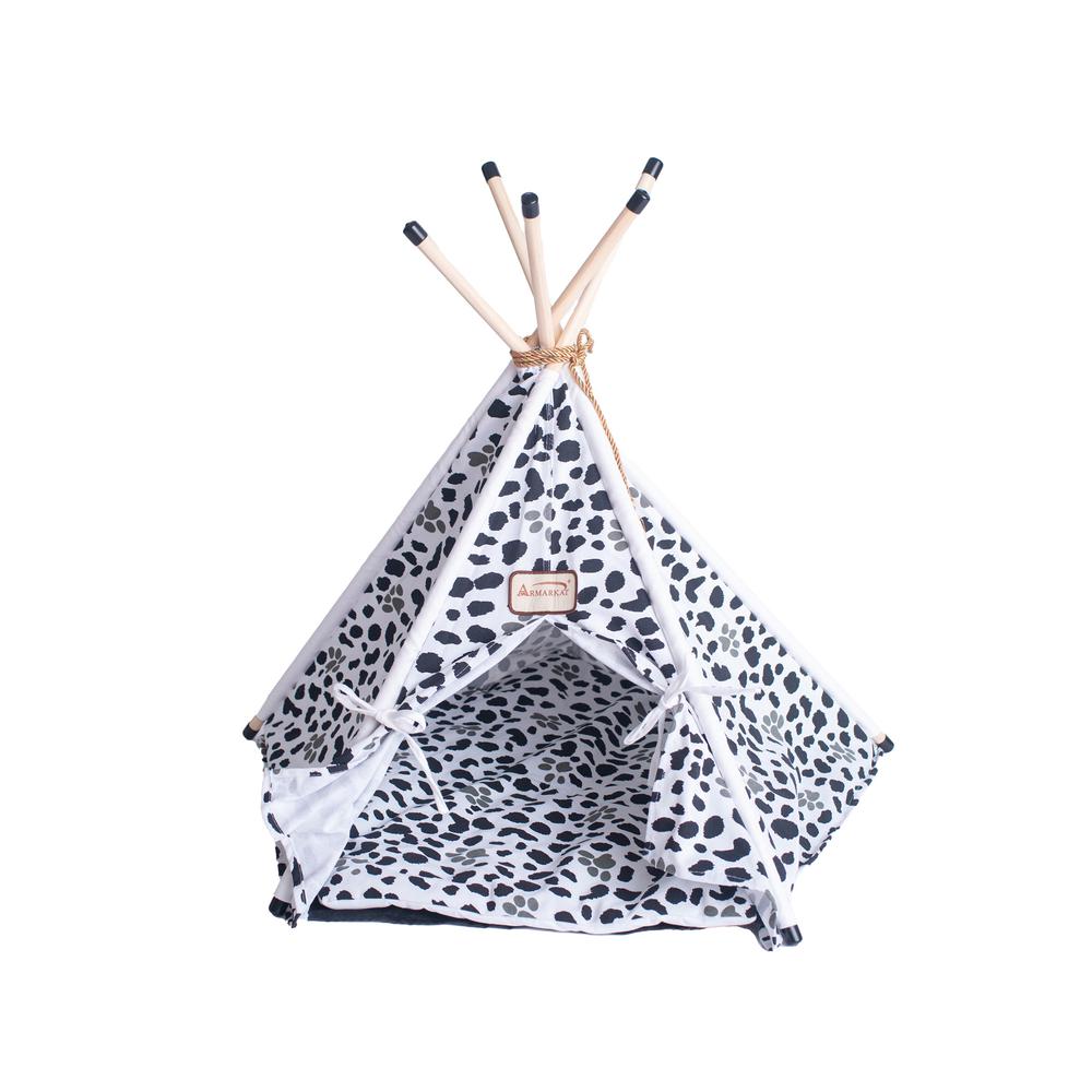 Cat Bed Teepee Style, White W/Black Paw Print