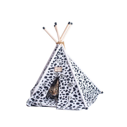 Cat Bed Teepee Style, White W/Black Paw Print