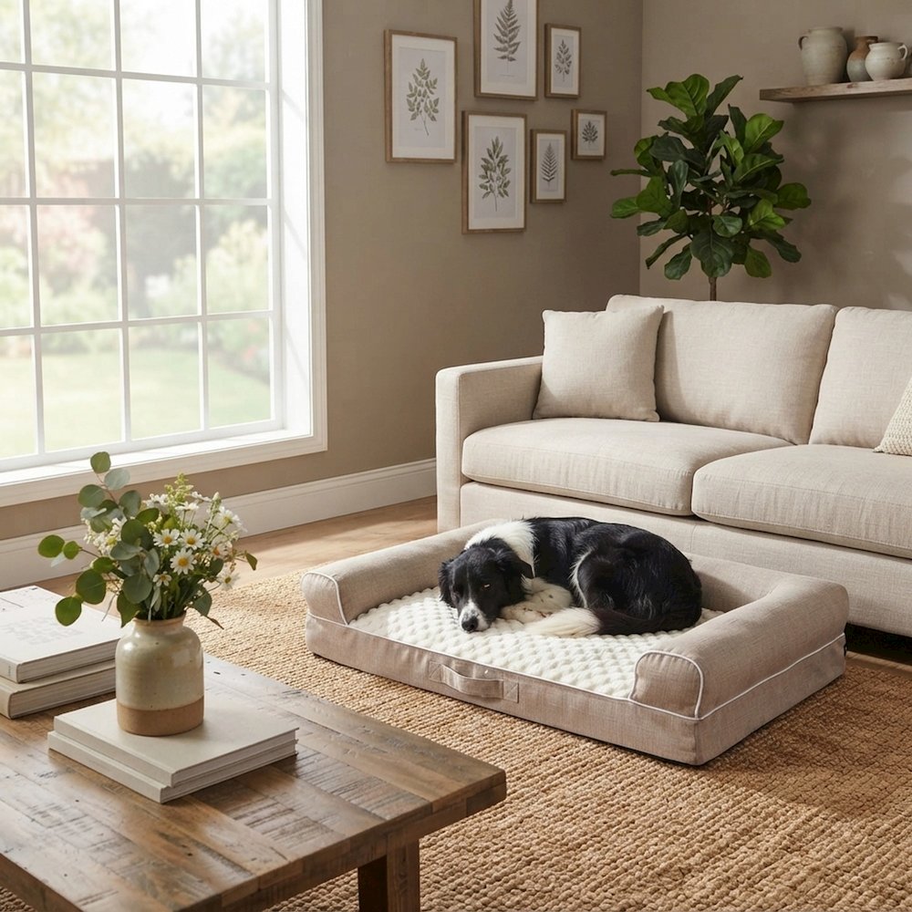 Bison Pets Bolstered Pet Bed with Memory Foam and Plush Top, Ivory & Beige