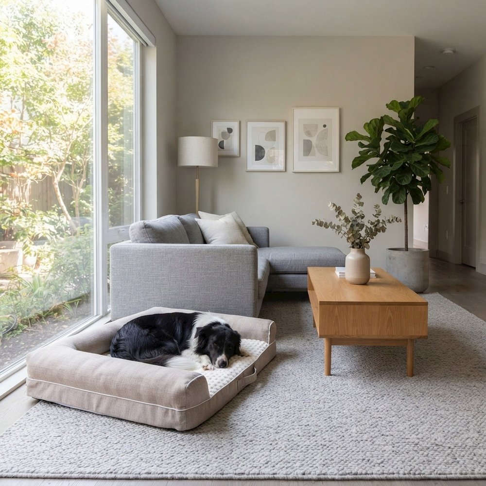 Bison Pets Bolstered Pet Bed with Memory Foam and Plush Top, Ivory & Beige
