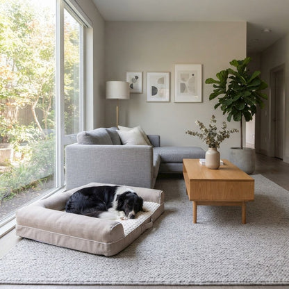 Bison Pets Bolstered Pet Bed with Memory Foam and Plush Top, Ivory & Beige