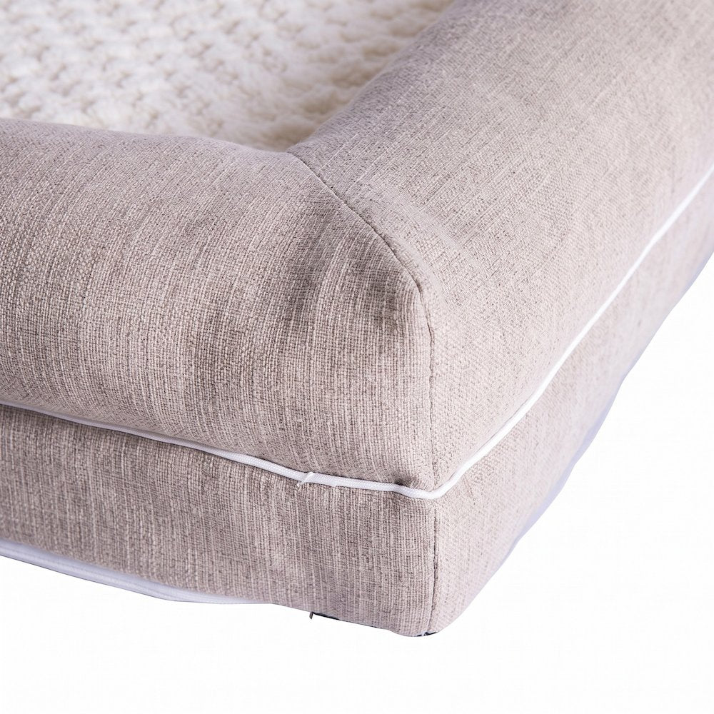 Bison Pets Bolstered Pet Bed with Memory Foam and Plush Top, Ivory & Beige