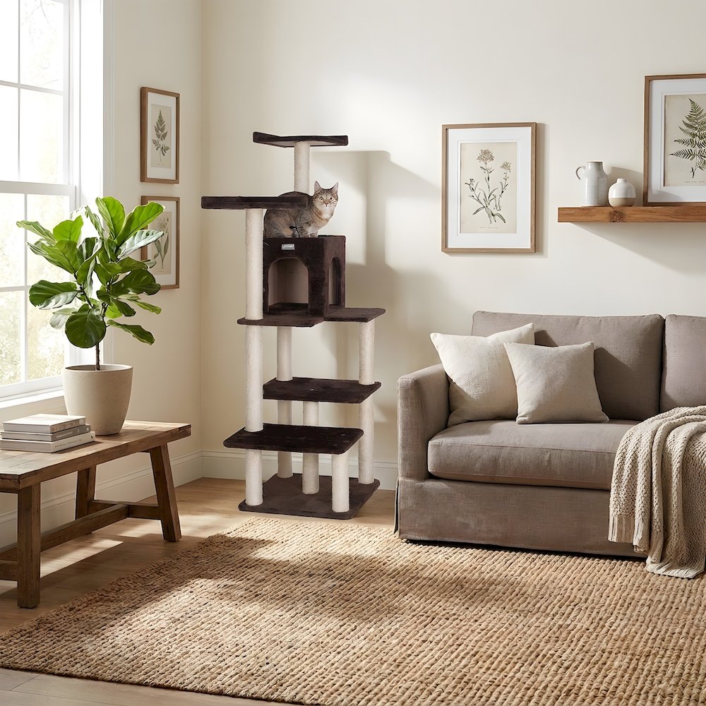 Faux Fur Cat Tree with Two-Door Condo, Four Levels and Sisal Posts