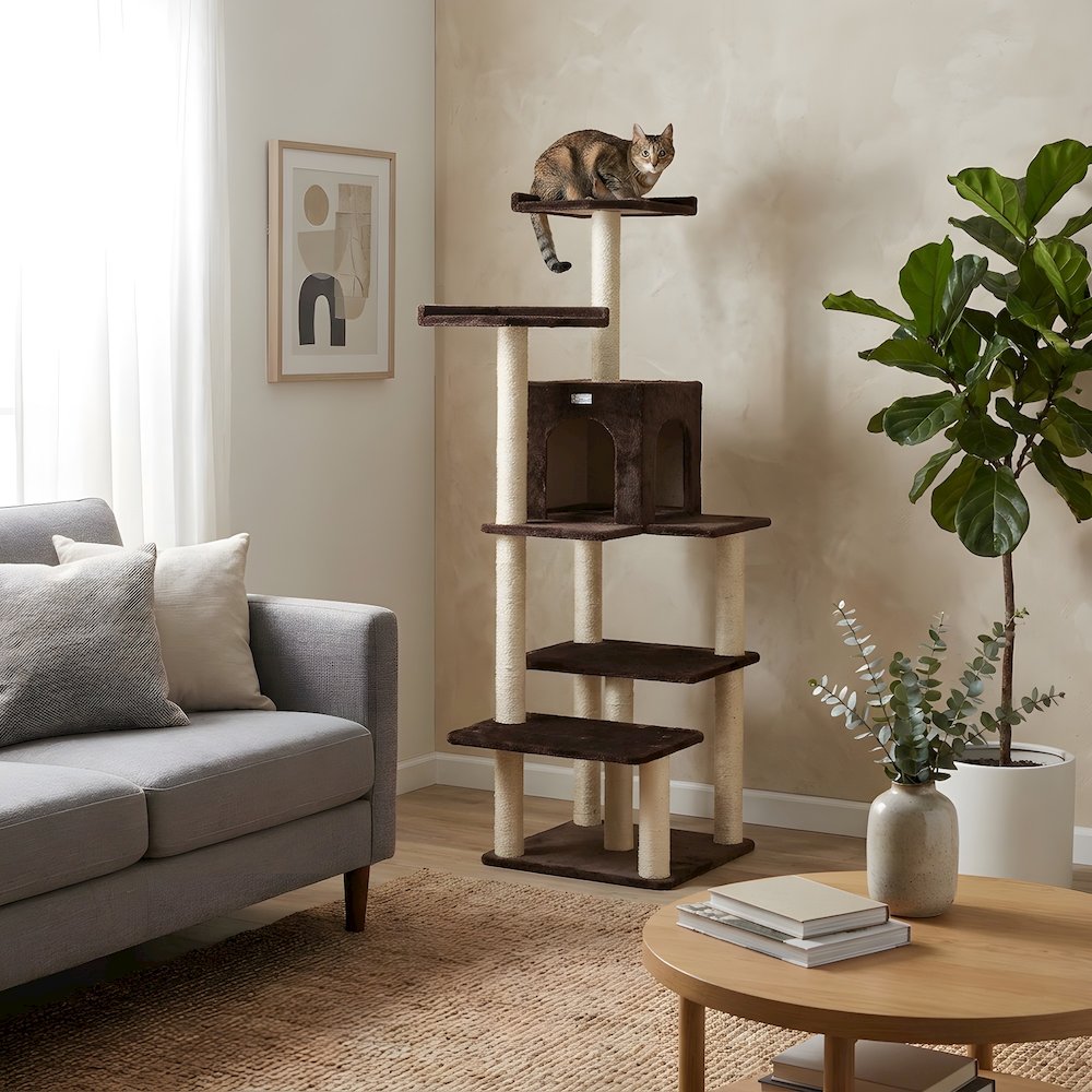 Faux Fur Cat Tree with Two-Door Condo, Four Levels and Sisal Posts