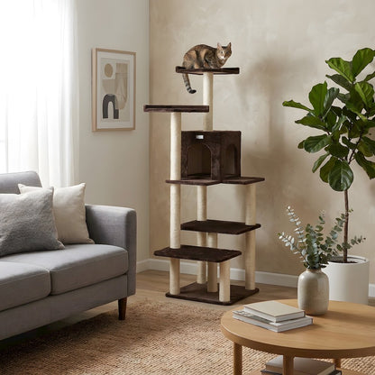Faux Fur Cat Tree with Two-Door Condo, Four Levels and Sisal Posts