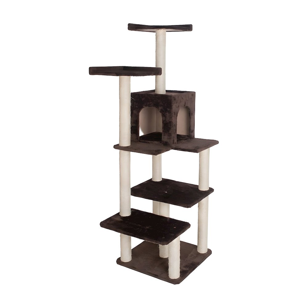 Faux Fur Cat Tree with Two-Door Condo, Four Levels and Sisal Posts