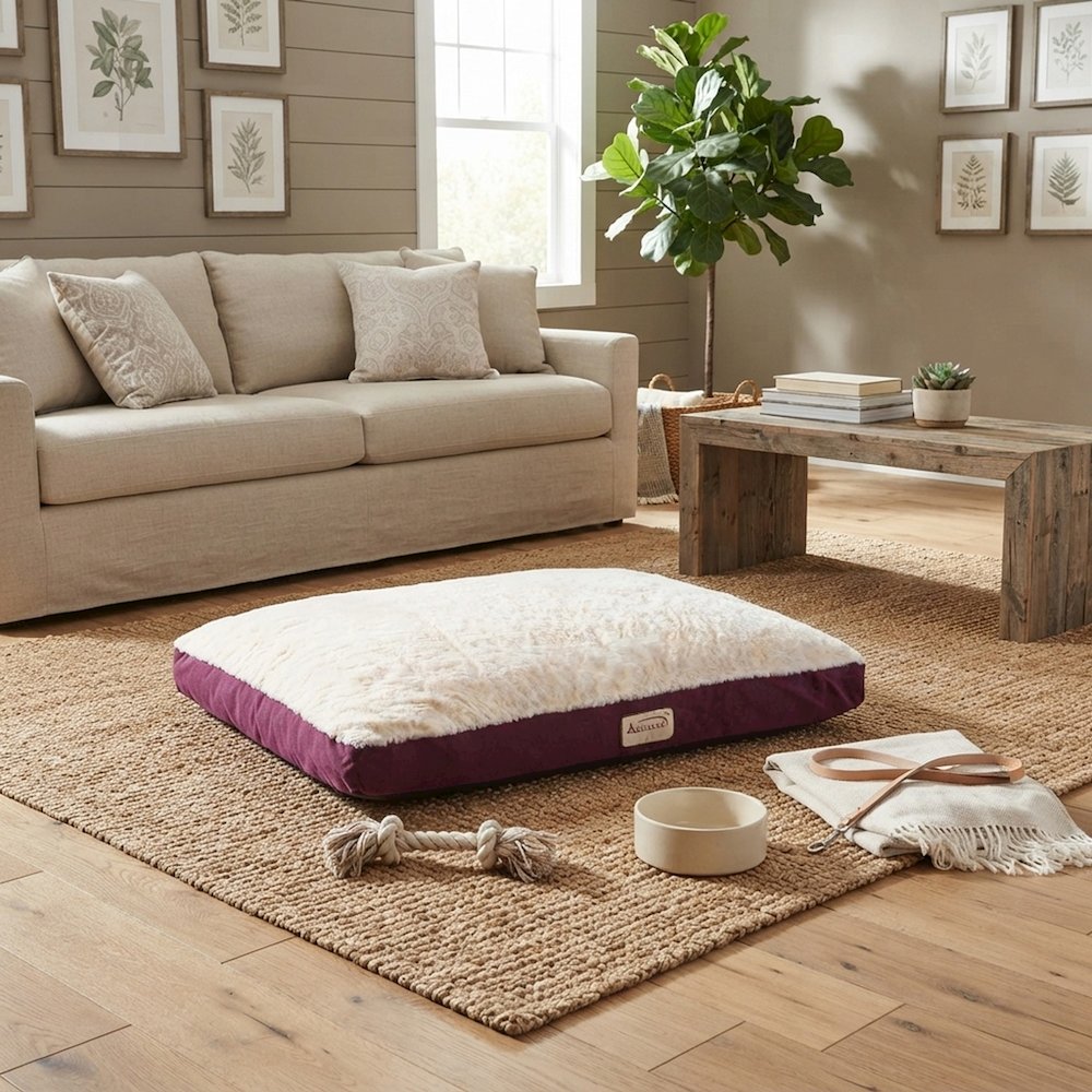 Bison Pets Polyester-Upholstered Pet Bed with Poly Fill, Ivory & Burgundy