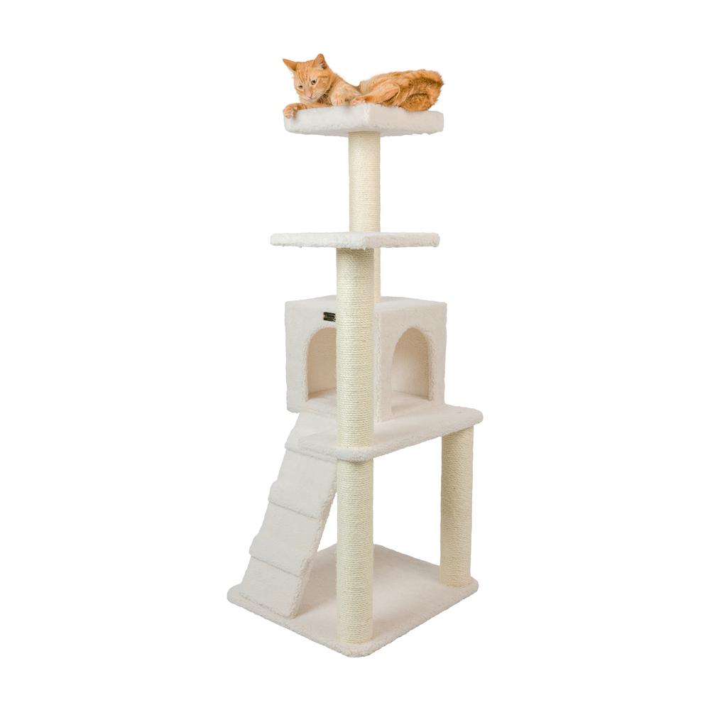Ivory Fleece Covered 53" High Real Wood Cat Tree