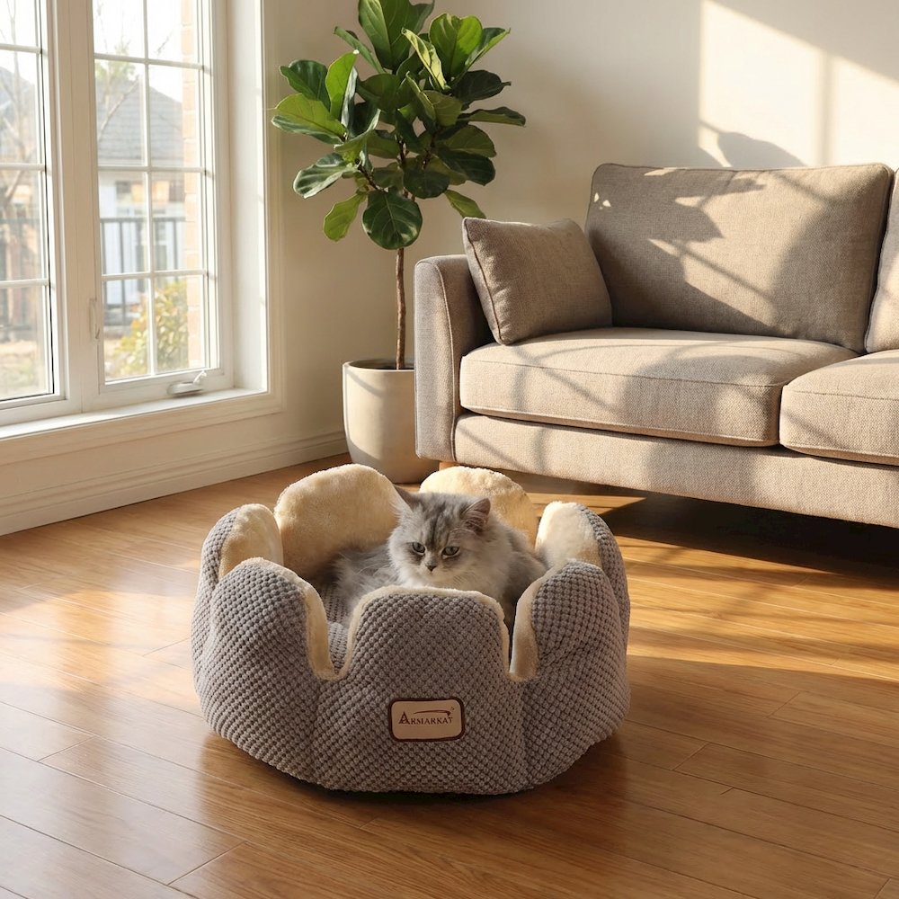 Cat Bed, 18 Inch Flower Pet Bed with Removable Cushion - Soft Waffle Fabric