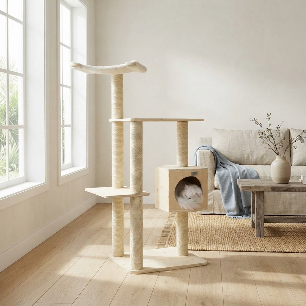 Bison Pets Cat Tree Tower with Three-Level Scots Pine Condo, Natural Beige