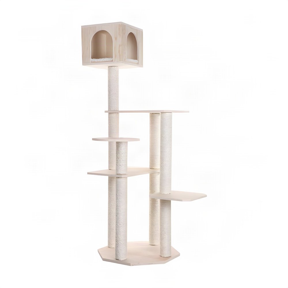 Bison Pets Tall Cat Tree with Five-Level Scots Pine Condo, Natural Beige