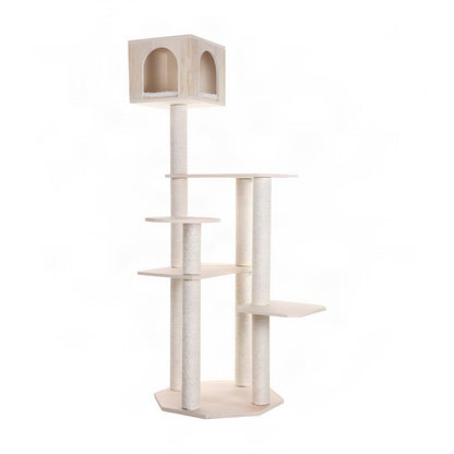 Bison Pets Tall Cat Tree with Five-Level Scots Pine Condo, Natural Beige