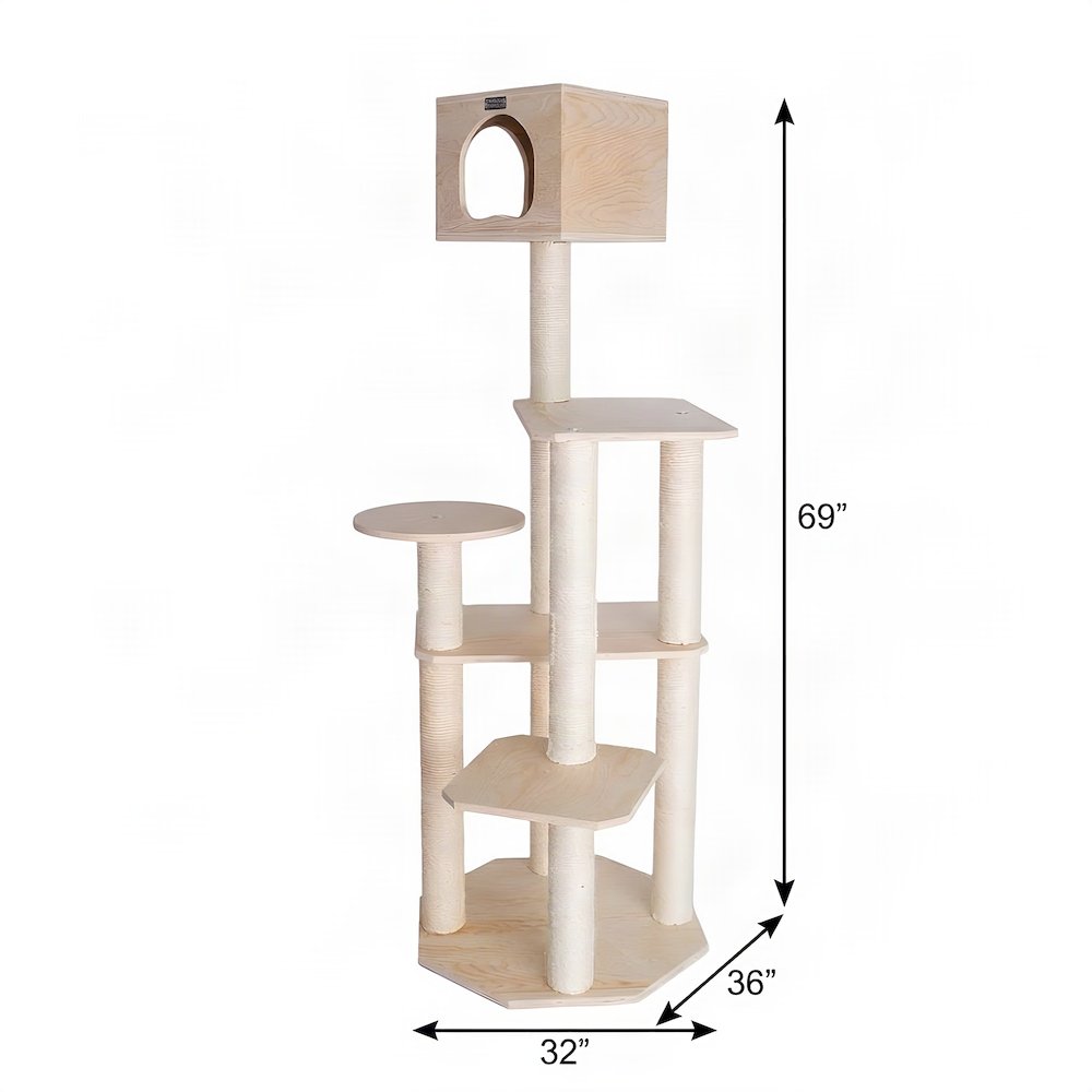 Bison Pets Tall Cat Tree with Five-Level Scots Pine Condo, Natural Beige