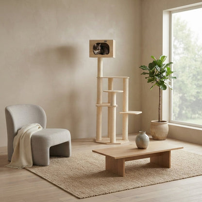 Bison Pets Tall Cat Tree with Five-Level Scots Pine Condo, Natural Beige