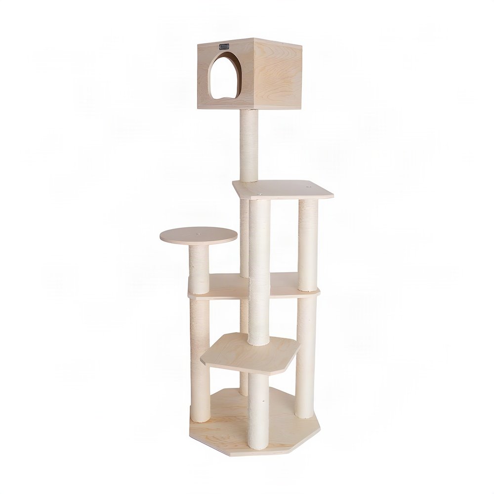 Bison Pets Tall Cat Tree with Five-Level Scots Pine Condo, Natural Beige