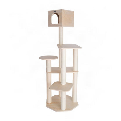 Bison Pets Tall Cat Tree with Five-Level Scots Pine Condo, Natural Beige