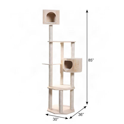 Bison Pets Tall Cat Tree with Five Levels and Two Condos, Natural Beige