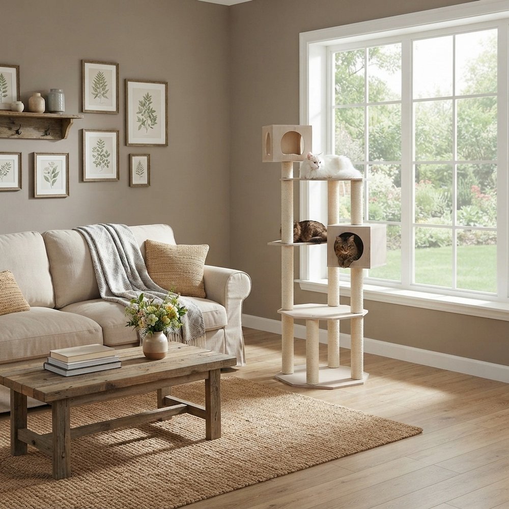 Bison Pets Tall Cat Tree with Five Levels and Two Condos, Natural Beige