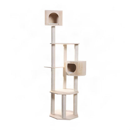 Bison Pets Tall Cat Tree with Five Levels and Two Condos, Natural Beige