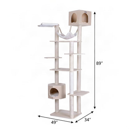 Bison Pets Cat Tree Tower with Seven Levels, Two Playhouses, Natural Beige