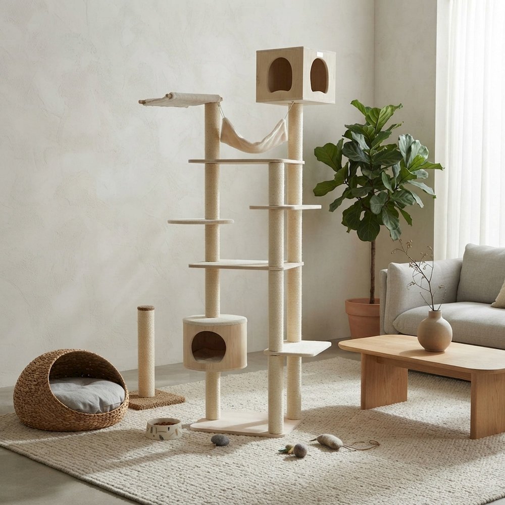 Bison Pets Cat Tree Tower with Seven Levels, Two Playhouses, Natural Beige