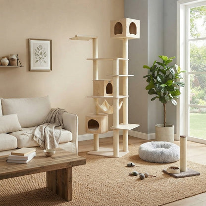 Bison Pets Cat Tree Tower with Seven Levels, Two Playhouses, Natural Beige
