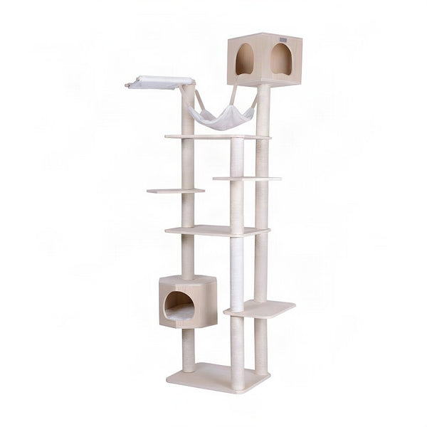 Bison Pets Cat Tree Tower with Seven Levels, Two Playhouses, Natural Beige