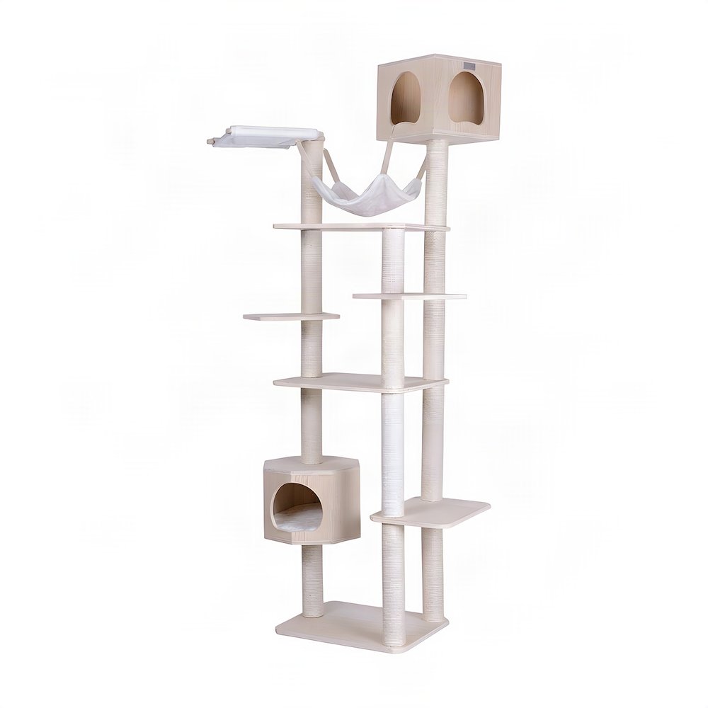 Bison Pets Cat Tree Tower with Seven Levels, Two Playhouses, Natural Beige