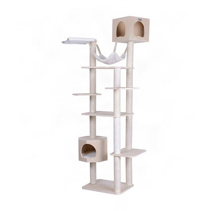 Bison Pets Cat Tree Tower with Seven Levels, Two Playhouses, Natural Beige