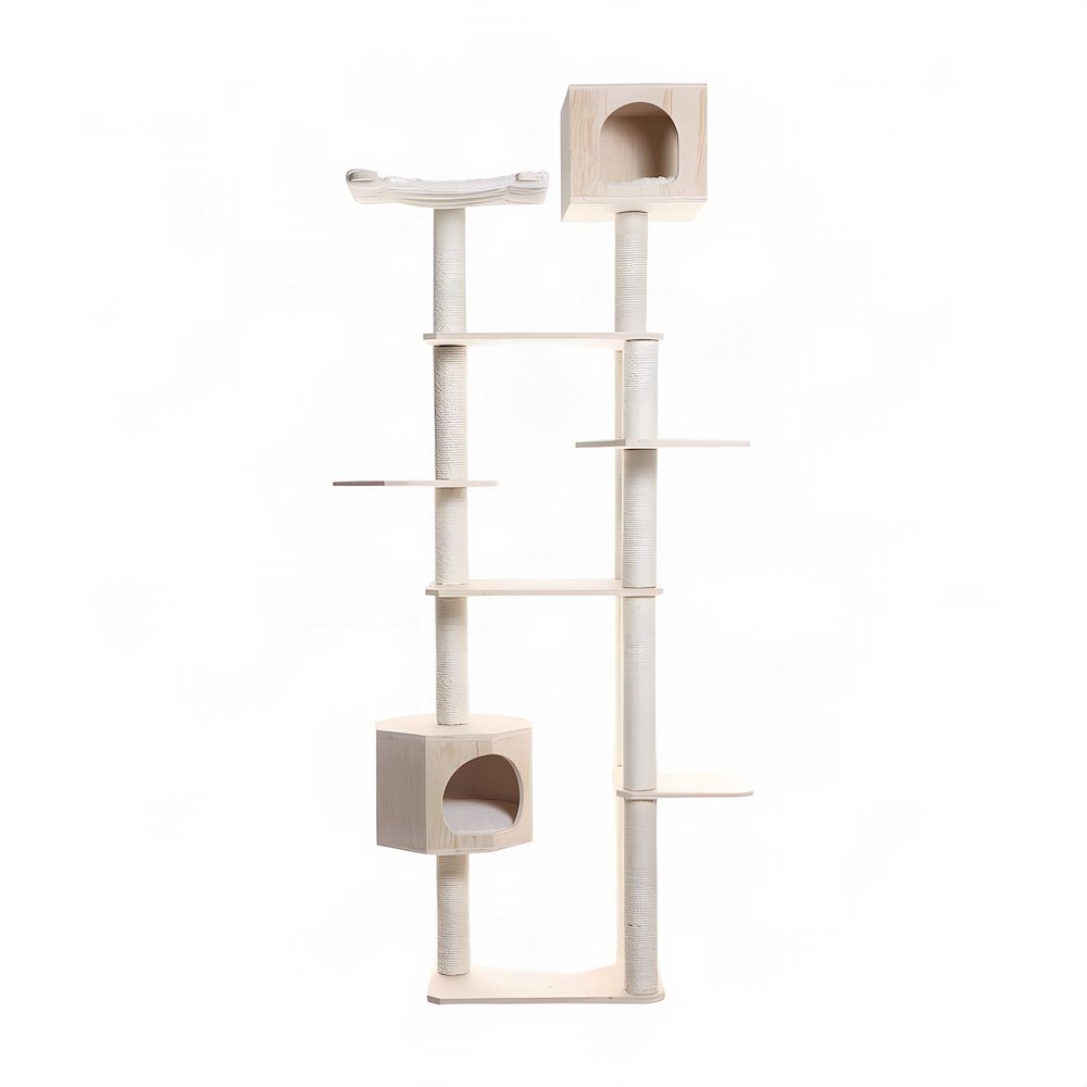 Bison Pets Cat Tree Tower with Seven Levels, Two Playhouses, Natural Beige
