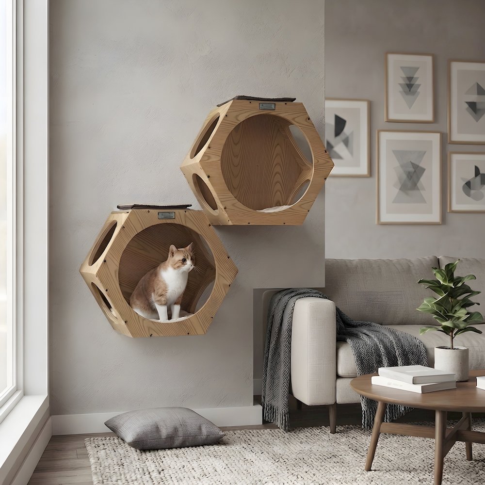 Solid Wood Hexagon Condo Wall-Mounted Cat Climbing Perch and Scratcher