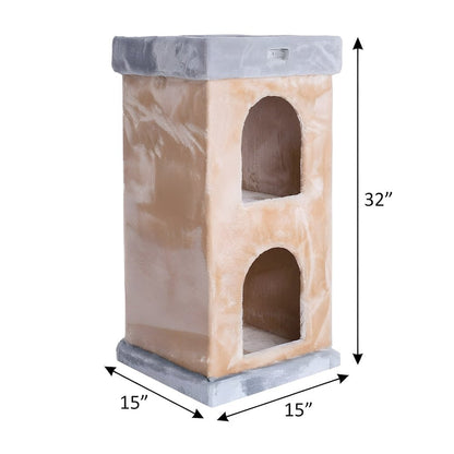 Pressed Wood 2-Story Cat House with Sisal Carpet and Faux Fur Condo