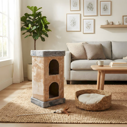 Pressed Wood 2-Story Cat House with Sisal Carpet and Faux Fur Condo
