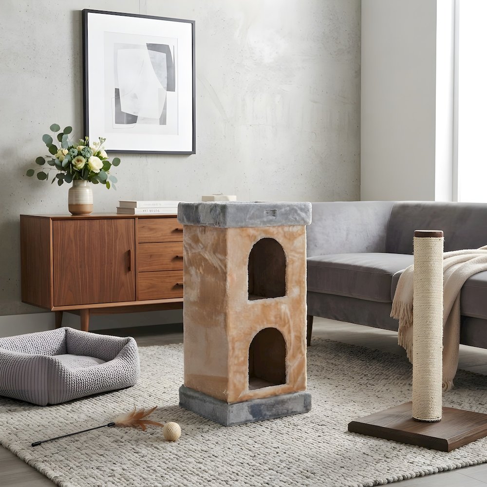 Pressed Wood 2-Story Cat House with Sisal Carpet and Faux Fur Condo