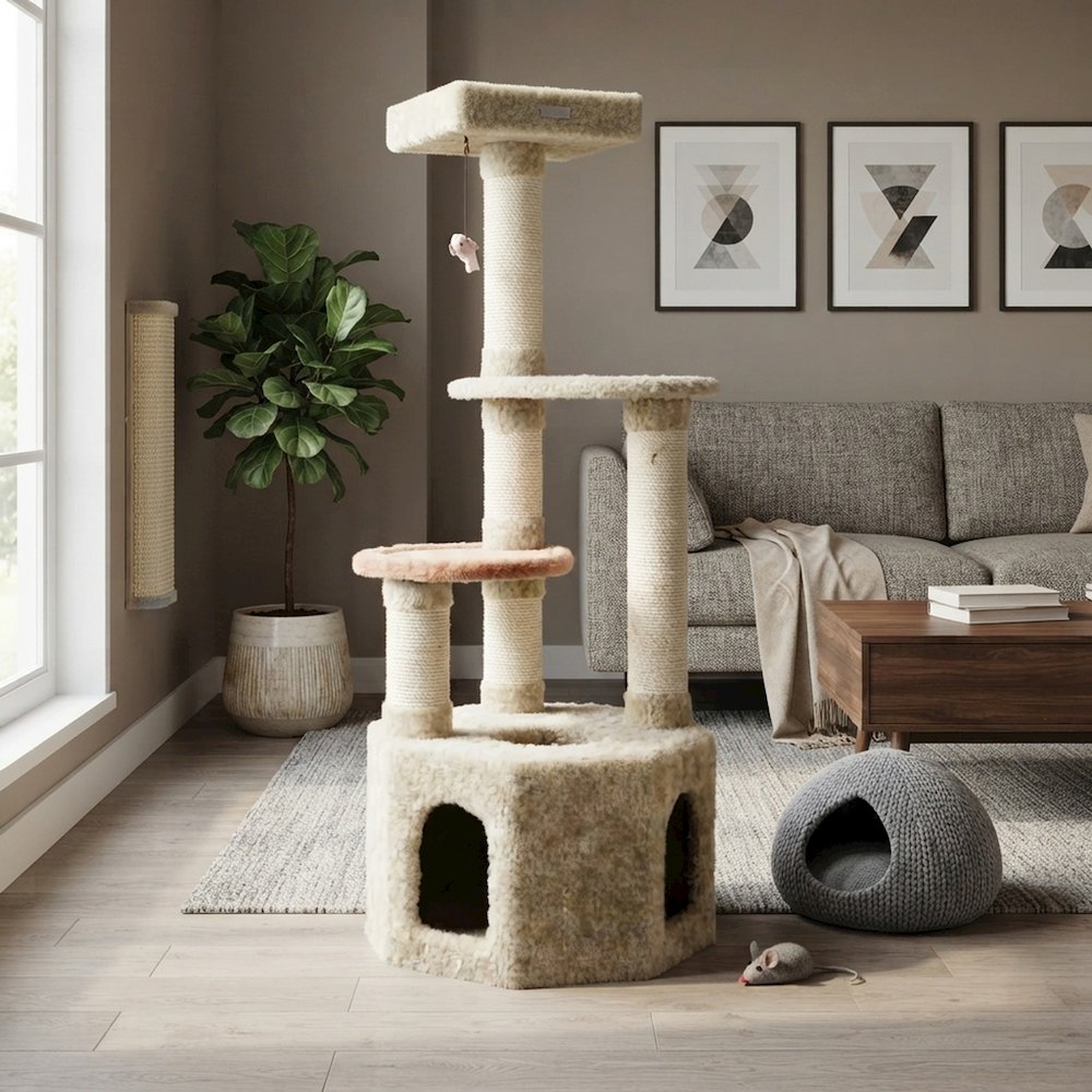 Bison Pets Cat Tree Tower with Condo, Sisal-Wrapped Posts and Perch, KHAKI