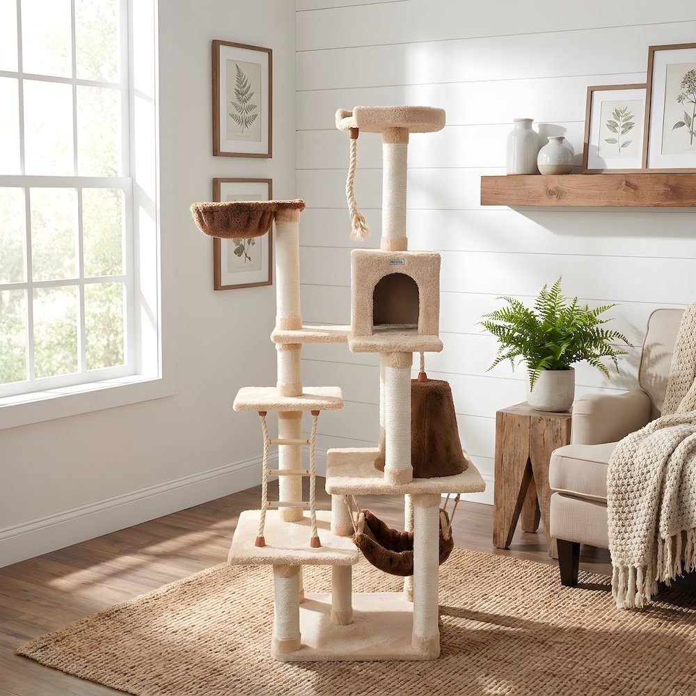 Pressed Wood Six-Level Cat Tree with Playhouse Condo and Rope Ladder