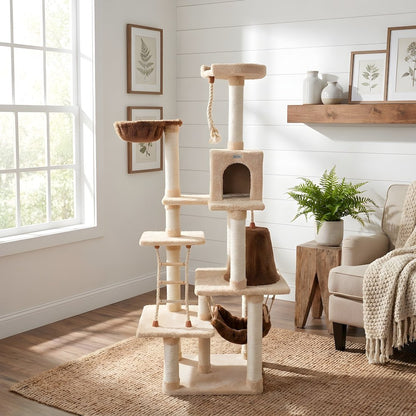 Pressed Wood Six-Level Cat Tree with Playhouse Condo and Rope Ladder