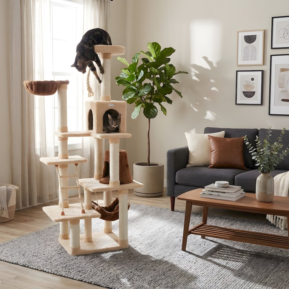 Pressed Wood Six-Level Cat Tree with Playhouse Condo and Rope Ladder