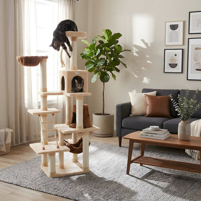 Pressed Wood Six-Level Cat Tree with Playhouse Condo and Rope Ladder