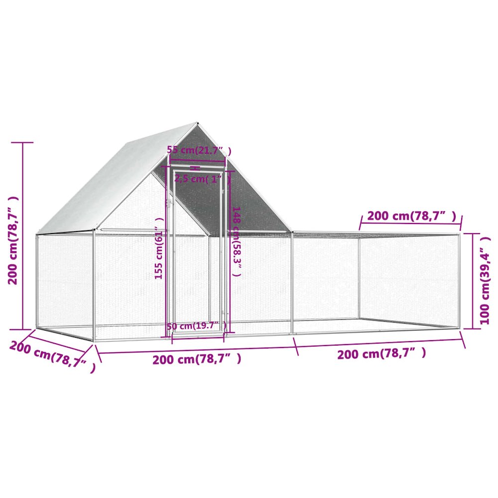 Chicken Coop Silver Galvanized Steel Large 78.7W x 157.5D x 78.7H