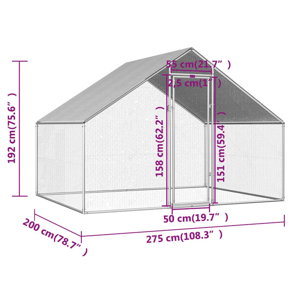 Chicken Cage Silver Frame + Gray Roof Galvanized Steel, Pe Roof
