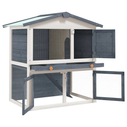 Rabbit Hutch Grey And White Solid Pine Wood, Powder-Coated Iron Mesh