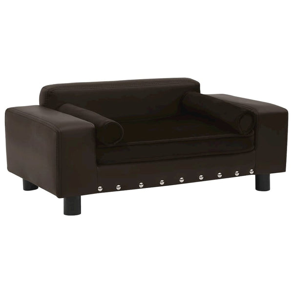 Dog Sofa Brown Faux Leather, Plush, Solid Fir Wood Medium