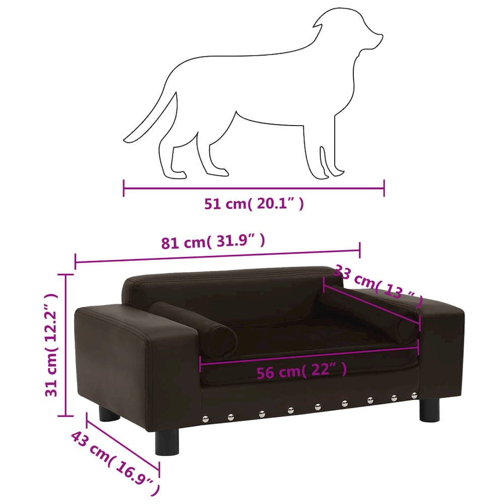 Dog Sofa Brown Faux Leather, Plush, Solid Fir Wood Medium